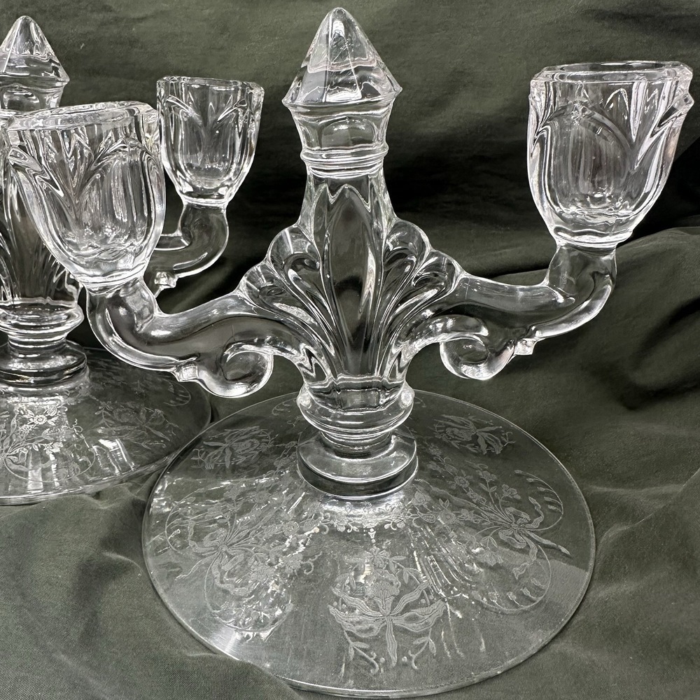 Vtg pair Heisey Etched Orchid Base Glass Trident Double Candle Holder Crystal